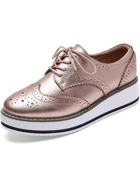 Women's Gold Round Toe Lace Up Leather Oxford Shoes Wingtip White Platform